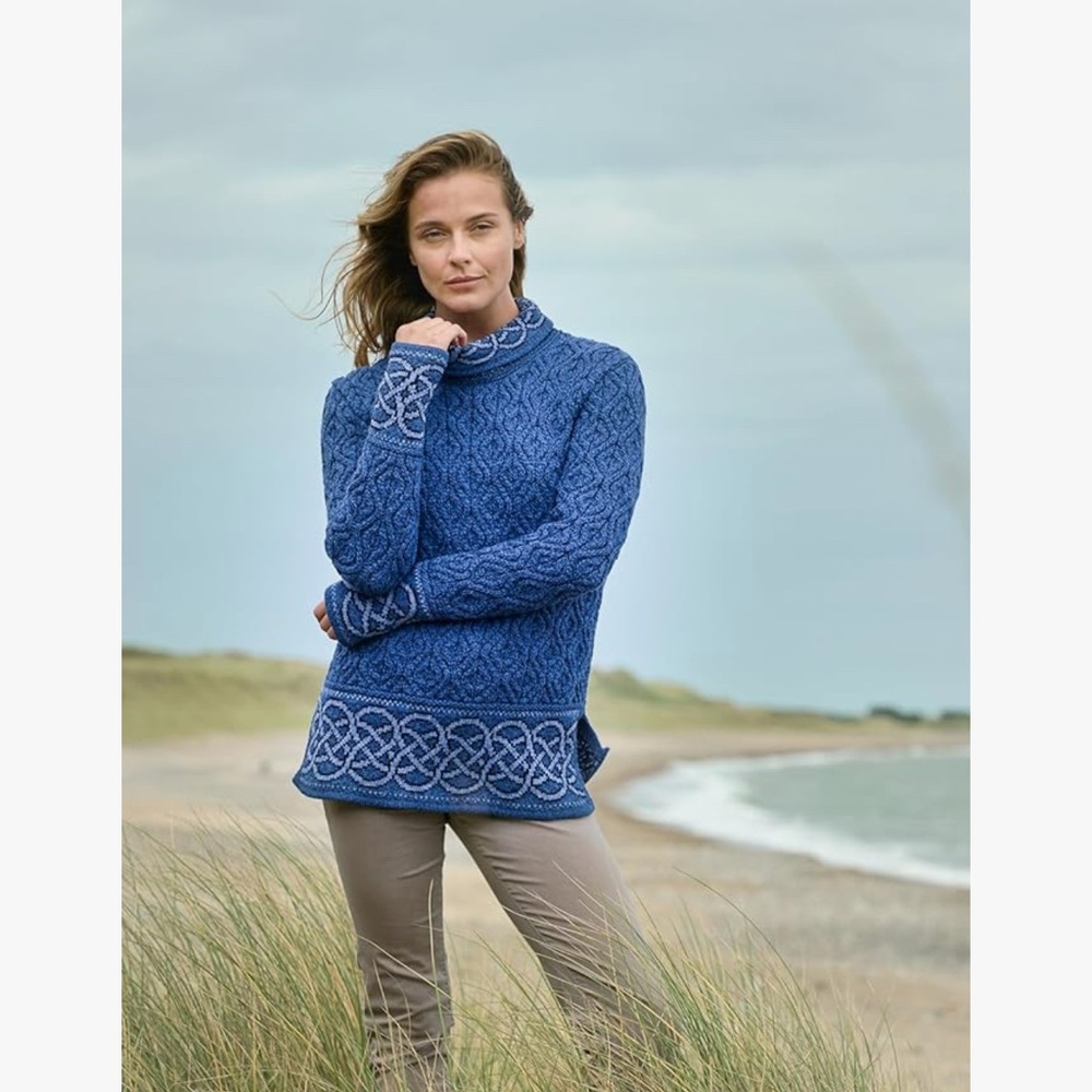 Textured Blue Cowl-Neck Sweater with Celtic Border
